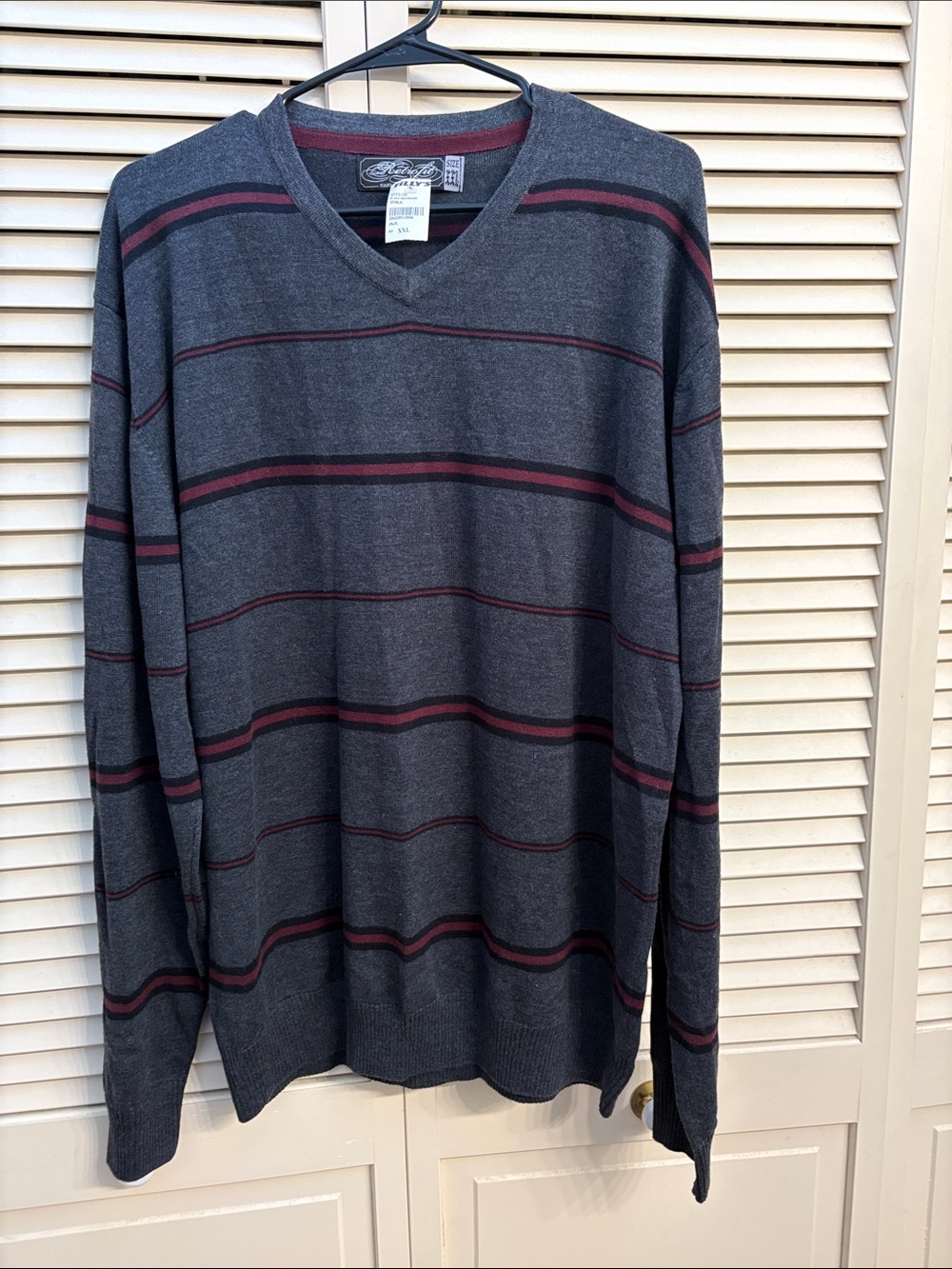 Men's Charcoal Gray V-Neck Sweater - Charcoal w/Burgundy and Black Stripes XXL
